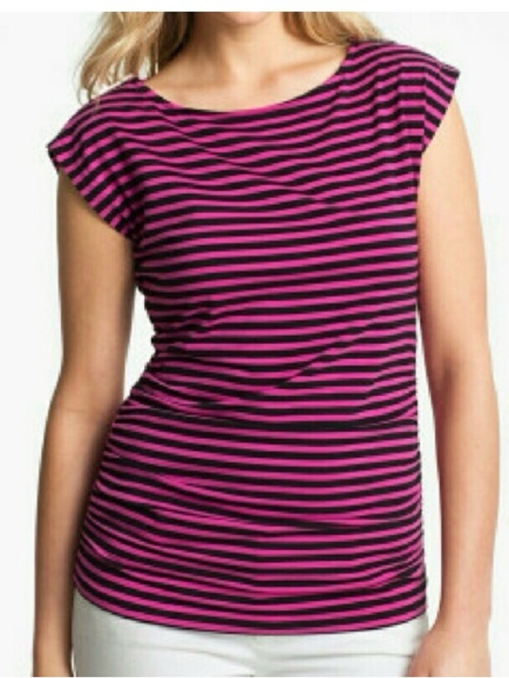 Michael Kors Pink and Black Striped Cap-Sleeve Top ~ Small